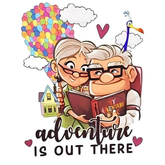 Cartoon elderly couple with balloons and a book, featuring the text 'adventure is out there'.